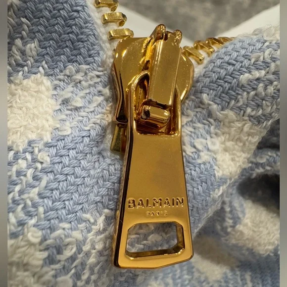 BALMAIN Blue & White Frayed gingham cotton-blend tweed Mini Dress FR36